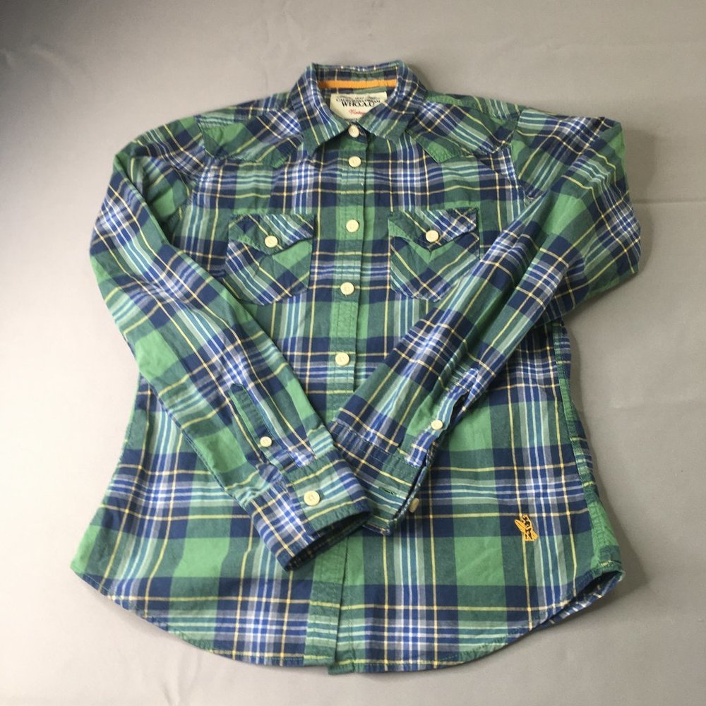 Who.A.U California Dream Womens Shirt Green Blue Medium Button Up Plaid Oxford